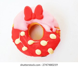 An overhead view of assorted donuts. fresh donuts in multi-colored glaze chocolate, colorful donuts,sweet colored donuts, Strawberry frosted vanilla coating isolate on a white backdrop, Text space image
