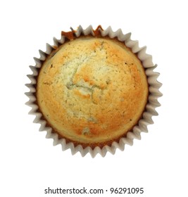 An Overhead View Of A Baked Blueberry Muffin.