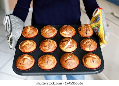 Overhead View Of A Baking Tray With Freshly Prepared Plain Chocolate Vanilla Muffins Holding By A Child