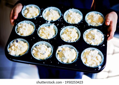 Overhead View Of A Baking Tray With Freshly Prepared Plain Blueberry Muffins Holding By A Child