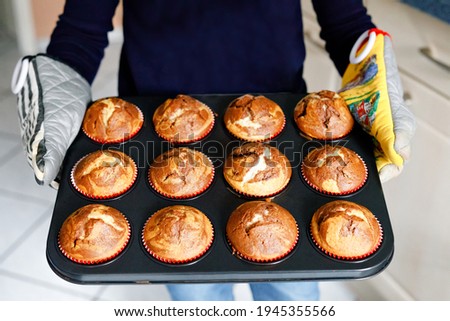 Overhead view of a baking tray with freshly prepared plain chocolate vanilla muffins holding by a child