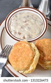 Overhead View Of Biscuits And Gravy With Sausage