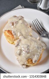 Overhead View Of Biscuits And Gravy With Sausage Bits