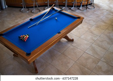 Overhead View Of A Blue Pool Billiard Snooker Table With Billiard Balls Ready To Break