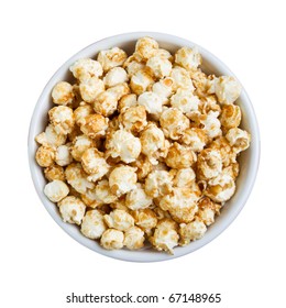 Overhead View Of Bowl Of Popcorn Isolated On White.