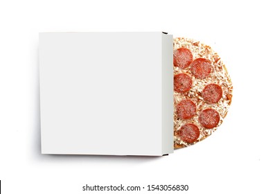 Overhead View Of A Box Of Frozen Pepperoni Pizza Opened To Show The Pizza