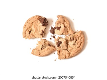 Overhead View Of A Broken Chocolate Chip Cookie On A White Background Close Up