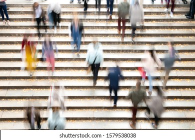 Overhead View Of Busy Crowds Of People In Motion On The Steps To Bethesda Terrace In Central Park, New York City NYC