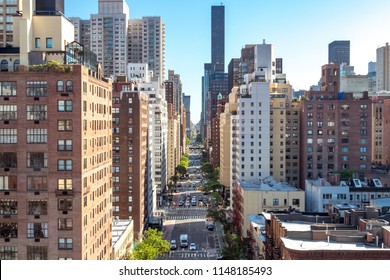 Overhead View Of A Busy Street Scene On 1st Avenue In Manhattan New York City