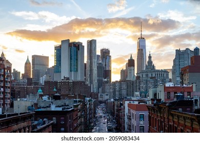 Overhead View Of A Busy Street Through The Lower Manhattan Skyline Buildings In New York City NYC