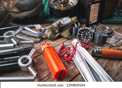 Overhead View Of Camping Gear On A Wooden Surface