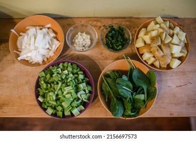 Overhead View Of Chopped Vegetables On Counter In Kitchen In San Diego