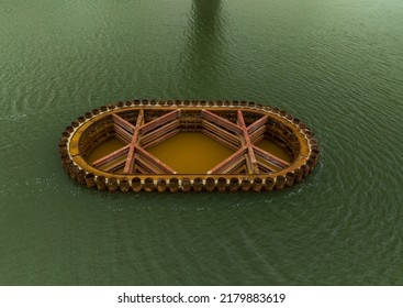 Overhead View Of Coffer Dam Holding Back River Water On Bridge Construction Site