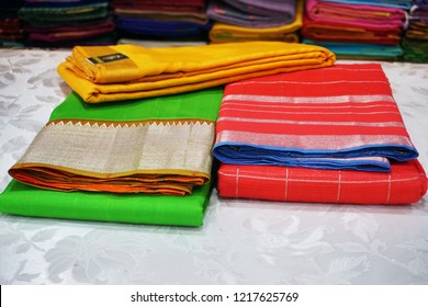 Overhead View Of Colorful Managalagiri Cotton Sarees On The Display Counter In A Textile Shop. Incredible India.                                  