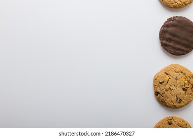 Overhead View Of Cookies Arranged On White Background With Copy Space. Unaltered, Food, Studio Shot.