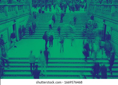 Overhead View Of Crowds Of People On Steps In Central Park New York City With Green And Blue Duotone Color Effect