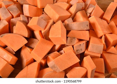 Overhead View Of Cubed Raw Sweet Potatoes