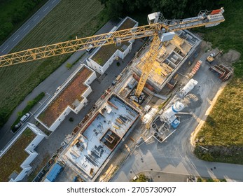 overhead view, development process, residential area, new homes, construction site, architecture design, housing development, workers, apartments, civil engineering, new building, working site, aerial - Powered by Shutterstock - Get 15% off with code: PIKWIZARD15