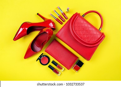 Overhead View Of Essential Beauty Items, Top View Of Red Leather Bag, Red Shoes And Cosmetic