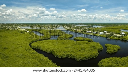 Overhead view of Everglades swamp with green vegetation between water inlets and rural private houses. Natural habitat of many tropical species in Florida wetlands