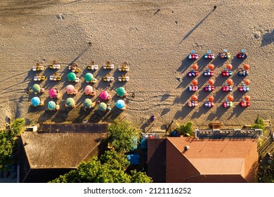 Overhead view of the famous beach bar on the Seminyak beach in Kuta, southern Bali in Indonesia