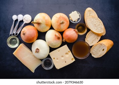 Overhead View Of French Onion Soup Ingredients: Sweet Onions, Beef Broth, And Other Ingredients