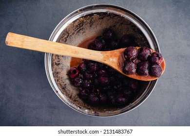 Overhead View Of Fresh Cherry Pie Filling: Pitted Cherries Mixed With Brown Sugar, Bourbon, Vanilla, And Lemon Zest