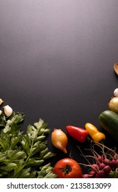 Overhead View Of Fresh Food On Black Background With Copy Space. Unaltered, Food, Studio Shot, Healthy Eating, Organic.