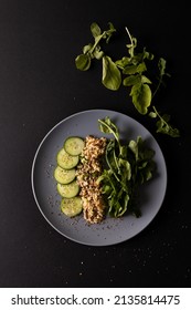 Overhead View Of Fresh Healthy Food In Plate On Black Background, Copy Space. Unaltered, Food, Studio Shot, Healthy Eating, Organic.