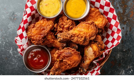 Overhead View of Fried Chicken in a Basket for your background bussines, poster, wallpaper, banner, greeting cards, and advertising for business entities or brands.