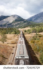 Overhead View of Grain Cars Stretching toward  Mountains (vertical)