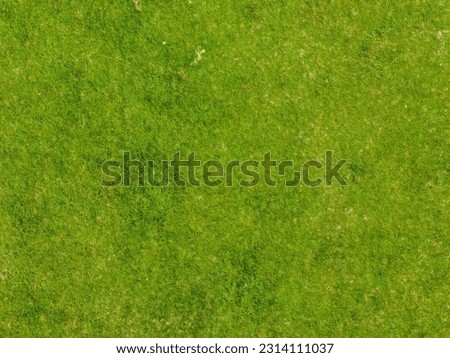Overhead view of grass on green field in rural area.