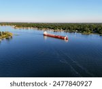 Overhead view of a Great Lakes freighter on a Michigan inland lake