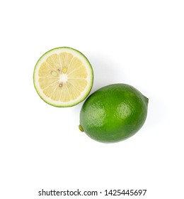 Overhead View Of Green Lemon Isolated On White Background.