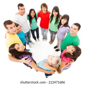 Overhead View Of A Group Of Young People Standing In A Circle.