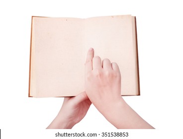 Overhead View Of Hands Holding A Old Book  With Copy Space Ready For Text, Isolated On White, With Clipping Path