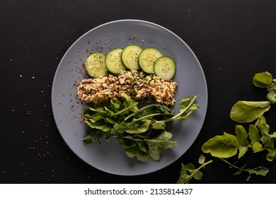 Overhead View Of Healthy Food In Plate On Black Background, Copy Space. Unaltered, Food, Studio Shot, Healthy Eating, Organic.