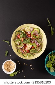 Overhead View Of Healthy Salad In Bowl On Black Background With Copy Space. Unaltered, Food, Studio Shot, Healthy Eating.