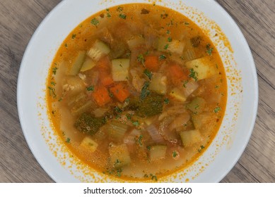 Overhead View Of Hearty Bowl Of Minestrone Soup For The Perfect Appetizer Of A Hearty Meal.