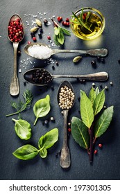 Overhead view of herbs and spices