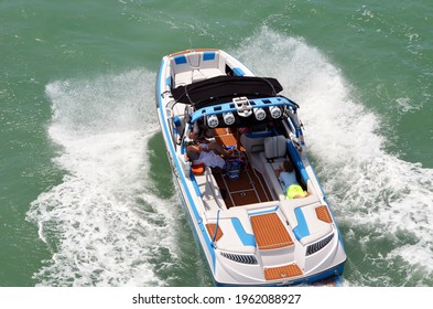 Overhead View Of A High-end Motorboat Speeding On The Florida Intra-Coastal Waterway.