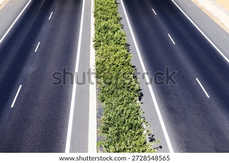 Overhead view of highway separated by a narrow median strip densely planted with green shrubs. Aerial perspective emphasizing geometric pattern of road markings against dark pavement and central hedge