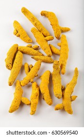 Overhead  View- Indian Spices Turmeric On White Background.