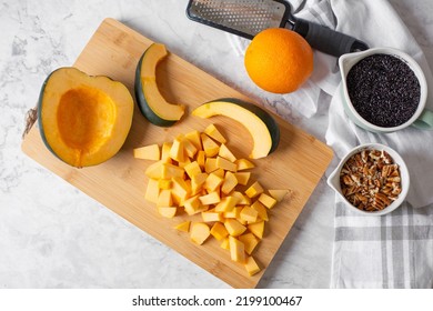 Overhead View Of Ingredients For Black Rice And Acorn Squash Bowl