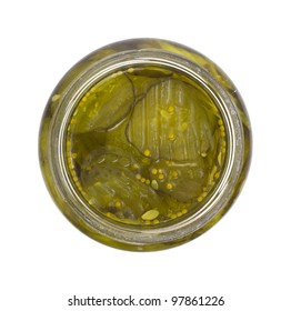 An Overhead View Of A Jar Of Bread And Butter Pickles.