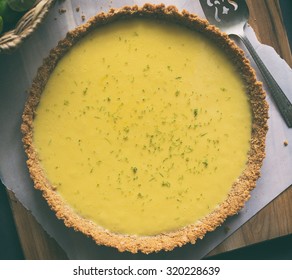 Overhead View Of A Key Lime Pie.  Analog Filter Applied.  