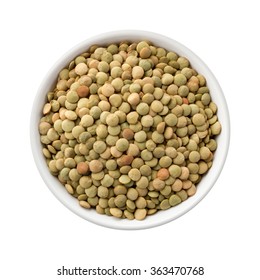 Overhead View of Lentils in a Ceramic Bowl. The image is a cut out, isolated on a white background, with a clipping path.