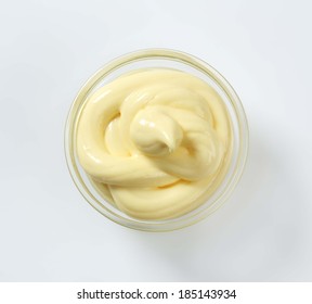 Overhead View Of Mayonnaise In A Glass Bowl