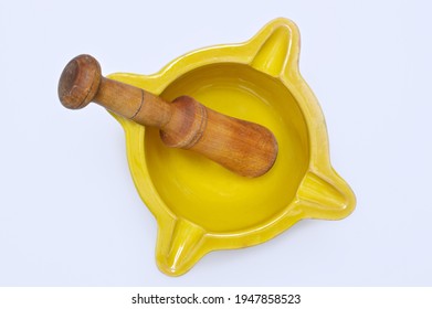 Overhead View Of Mortar And Pestle On White Background