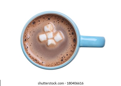 Overhead View Of A Mug Of Hot Cocoa With Marshmallows Cutout, Isolated On White Background